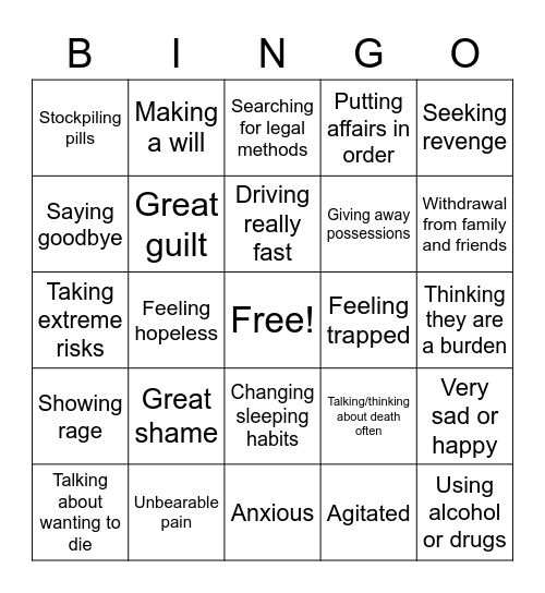 Suicide Prevention Bingo Card