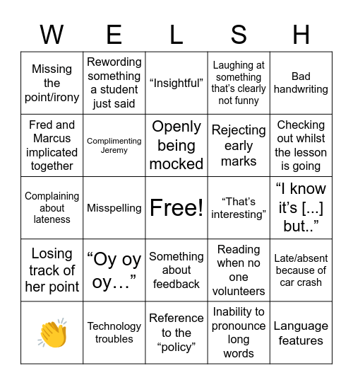 Welsh Boing Bingo Card