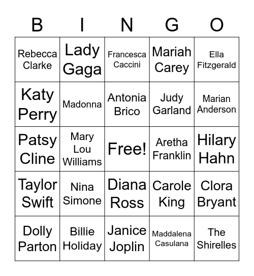 Women in Music BINGO! Bingo Card
