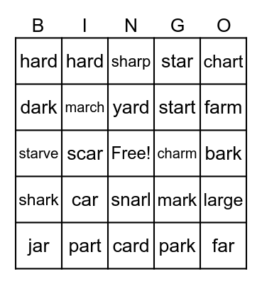 Word Family "ar" Bingo Card