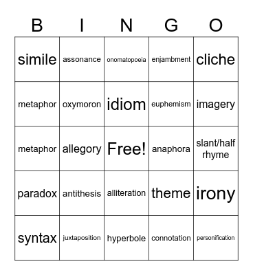 Figurative Lang/Poetry Bingo Card