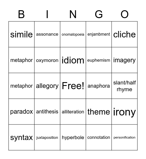 Figurative Lang/Poetry Bingo Card