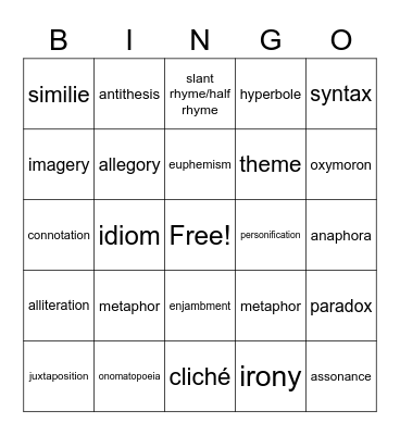 Figurative Language/Poetry Bingo Card