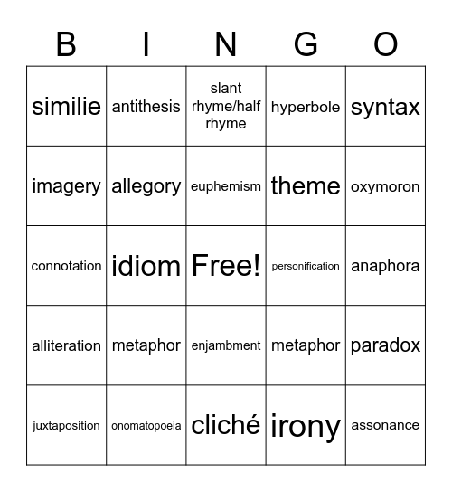 Figurative Language/Poetry Bingo Card