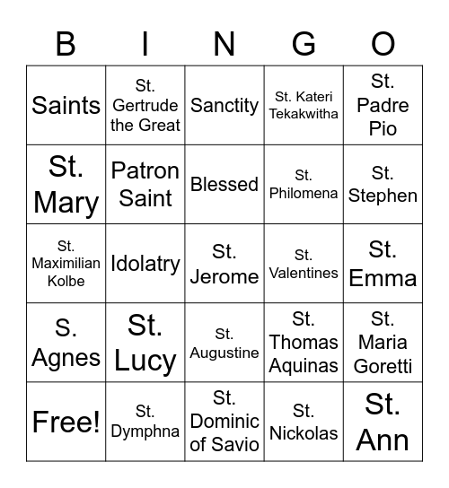 Saints Bingo Card