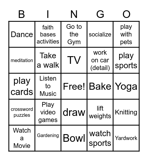 Leisure Activities Bingo Card