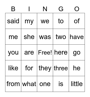Sight Words Bingo Card
