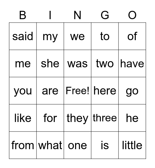 Sight Words Bingo Card