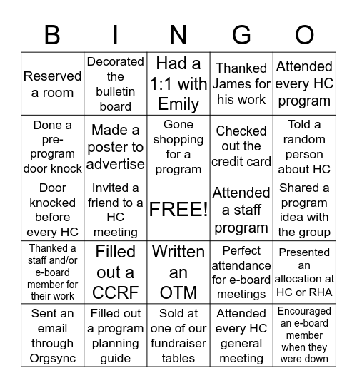 Hall Council E-board Bingo Card