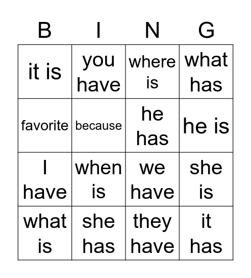 Sight Word Bingo Card