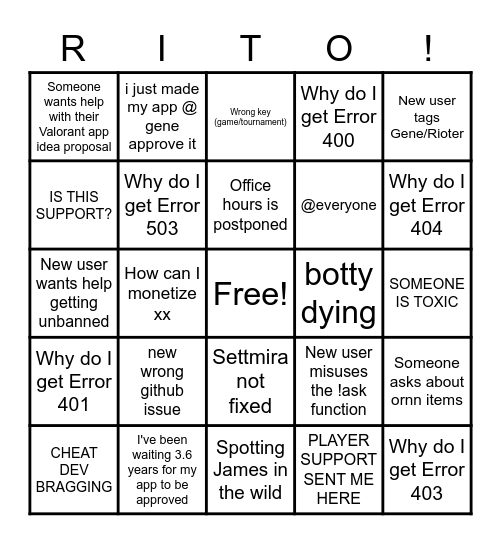 Discord Drouble Bingo Card