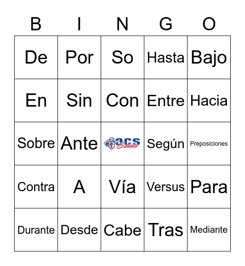 Las Preposiciones Bingo Card