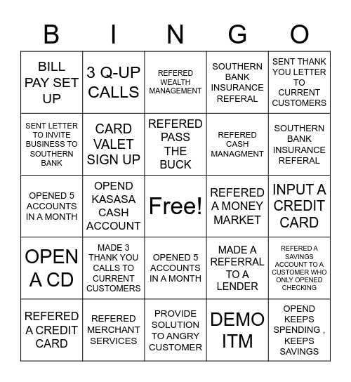 Bankers Bingo Card