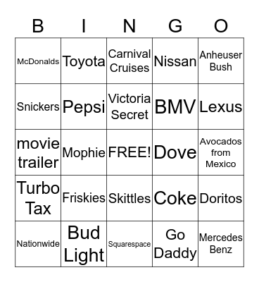 Super Bowl Commericials Bingo Card