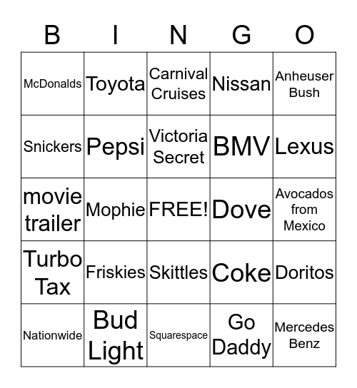 Super Bowl Commericials Bingo Card