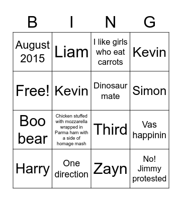 One direction Bingo Card