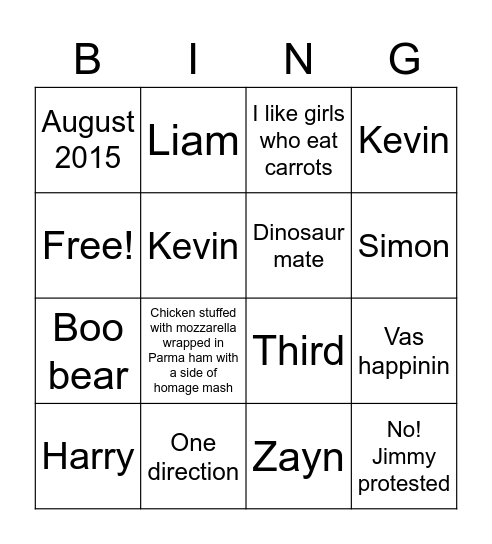 One direction Bingo Card