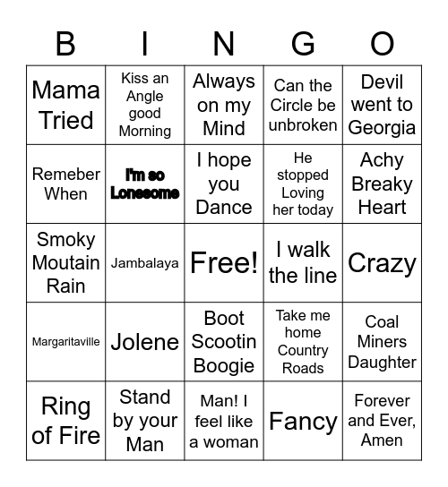 Classic country Music BINGO Card