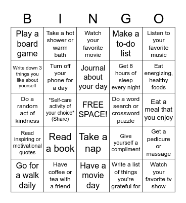 SELF-CARE Bingo Card