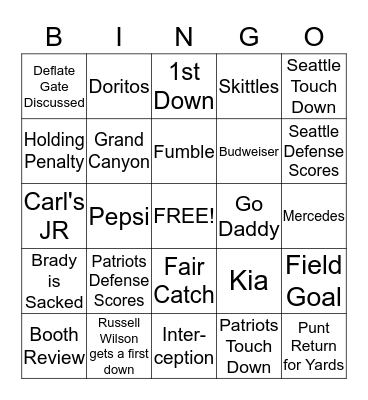 Super Bowl Bingo Card