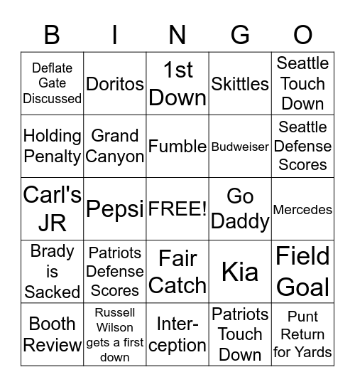 Super Bowl Bingo Card