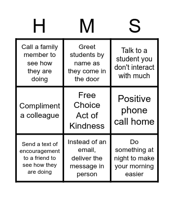 Random Acts of Kindness Bingo Card