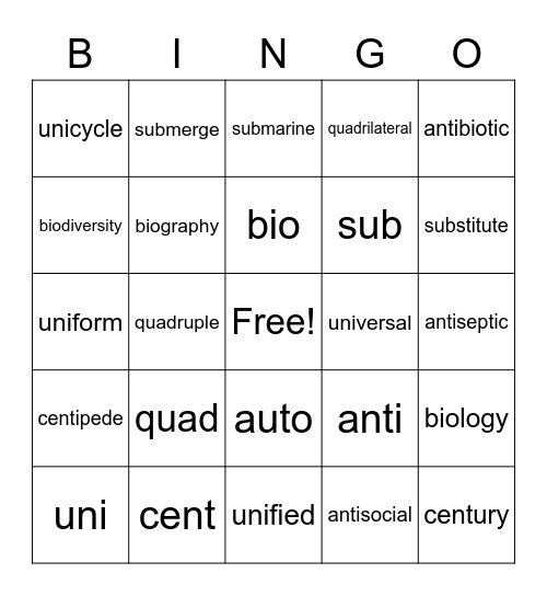Greek & Latin Root WordsQu Bingo Card