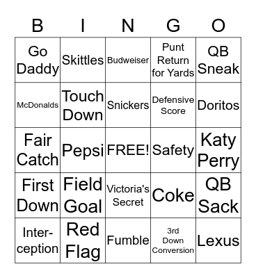 Super Bowl Bingo Card