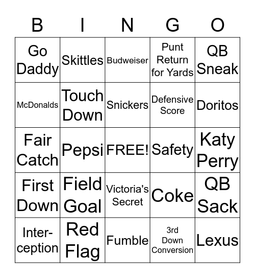 Super Bowl Bingo Card