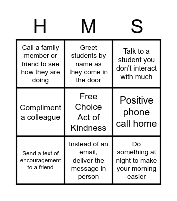 Random Act of Kindness Bingo Card