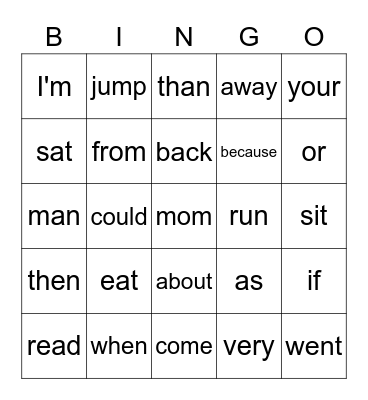 List B Bingo Card