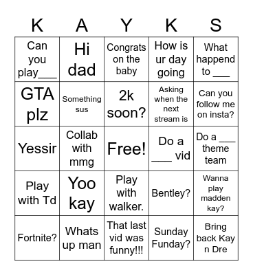 When KayKayes Talks in discord Bingo Card