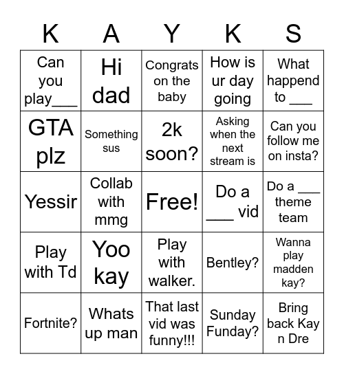When KayKayes Talks in discord Bingo Card