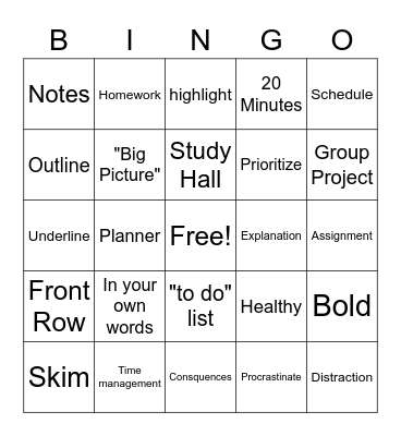 Study Skills Bingo Card