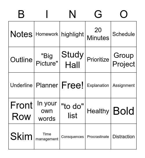 Study Skills Bingo Card