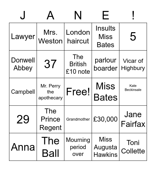 Emma Bingo Trivia Bingo Card