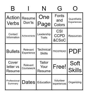 CSI Resume BINGO Card Bingo Card