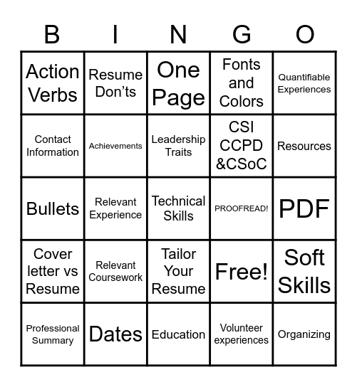 CSI Resume BINGO Card Bingo Card