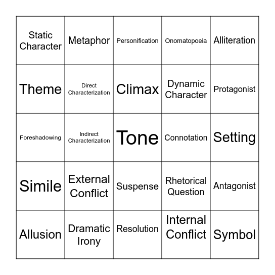 Literary Elements Bingo Card