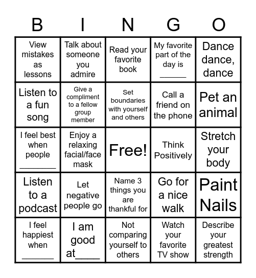 Self-Esteem Building BINGO Card