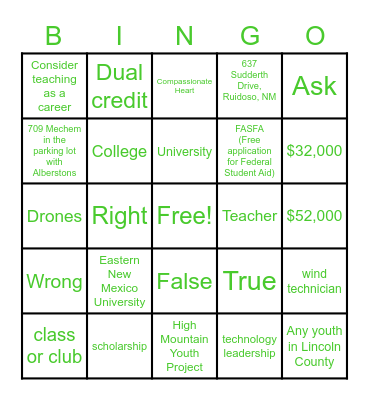 College and Careers Bingo Card