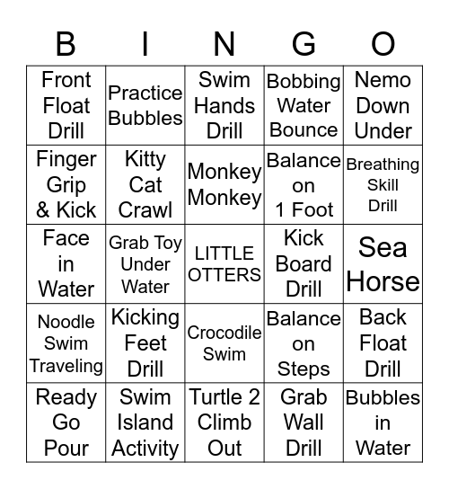 Little Otters Swim Therapy Program Bingo Card
