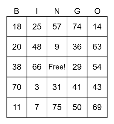 Hill Family Bingo Card