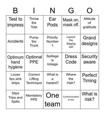 Saftey Bingo Card