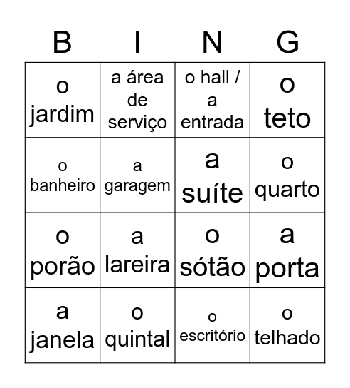 Vocabulário de casa Bingo Card