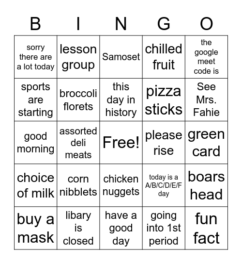 Morning Annoucement Bingo Card