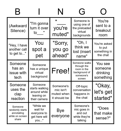 Zoom Meeting BINGO Card