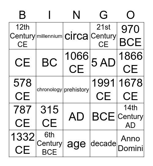 Chronological Terms Bingo Card