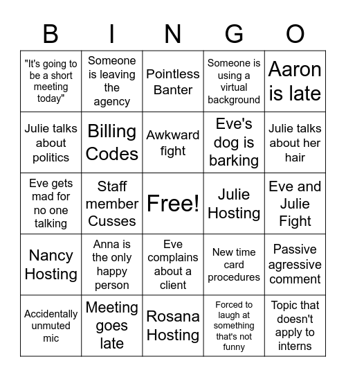 Staff Meeting Bingo Card