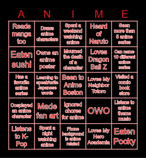 Anime Club Bingo Card